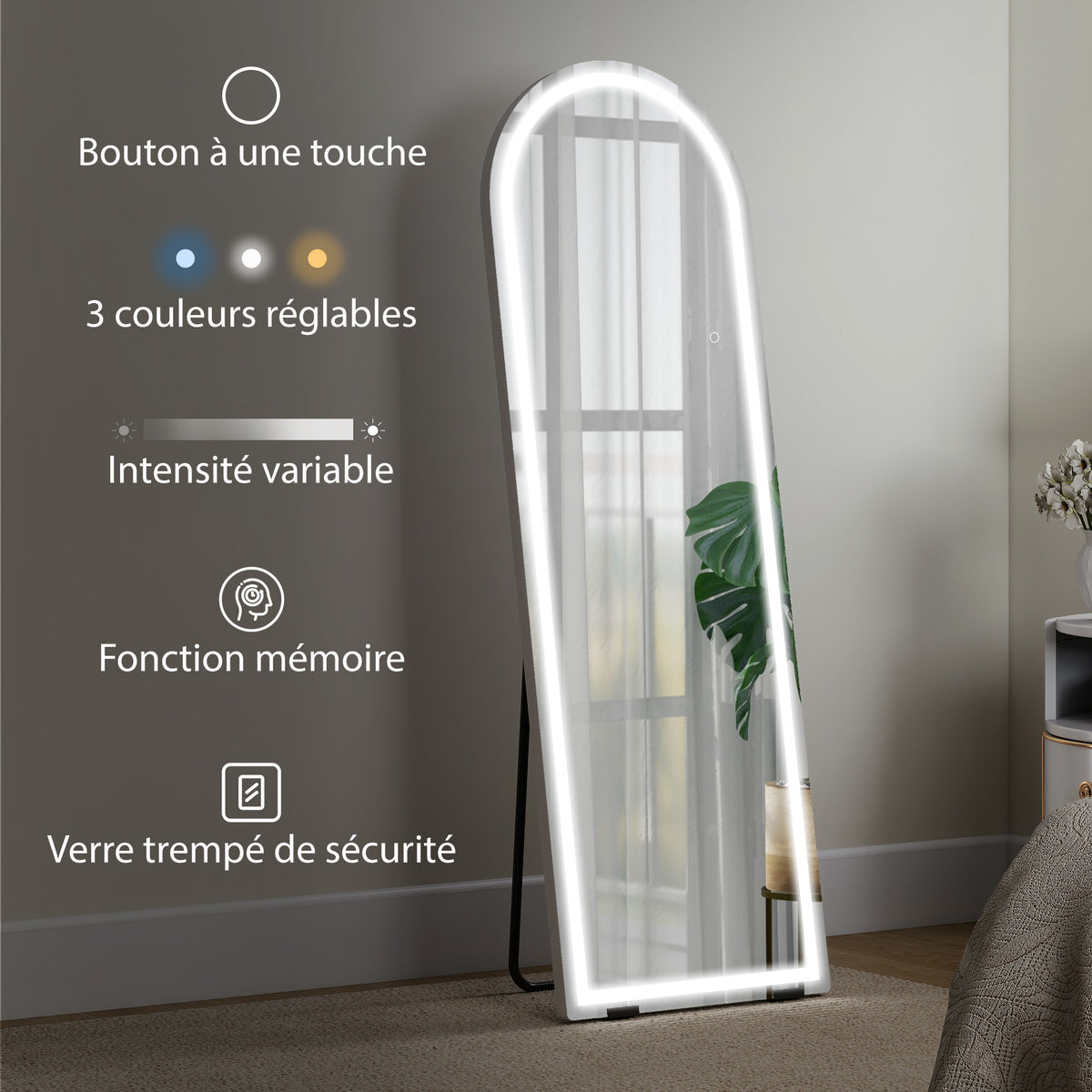 Specchio a figura intera ad arco con luci 150 x 50 cm, colore e luminosità regolabili, funzione memoria, trasparente