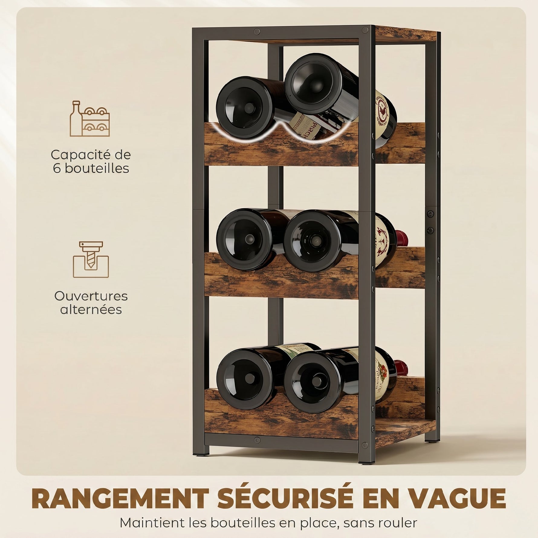Casier à bouteilles pour 6 bouteilles, casier à vin avec étagères ondulées, 22 x 24 x 49,2 cm, brun rustique