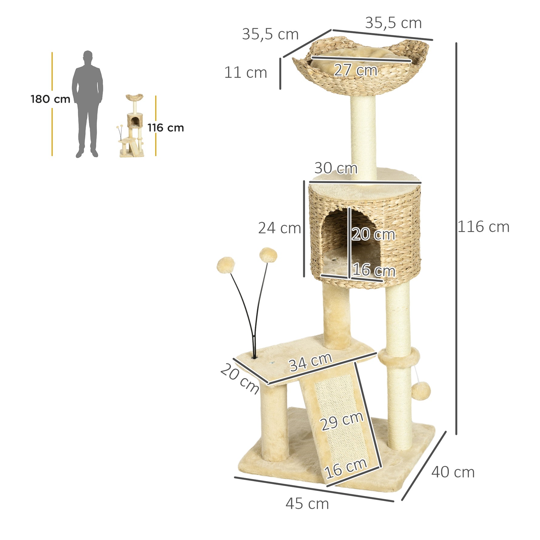 Arbre à chat hauteur 116 cm niche panier plateformes pompons en peluche et jacinthe d'eau - beige