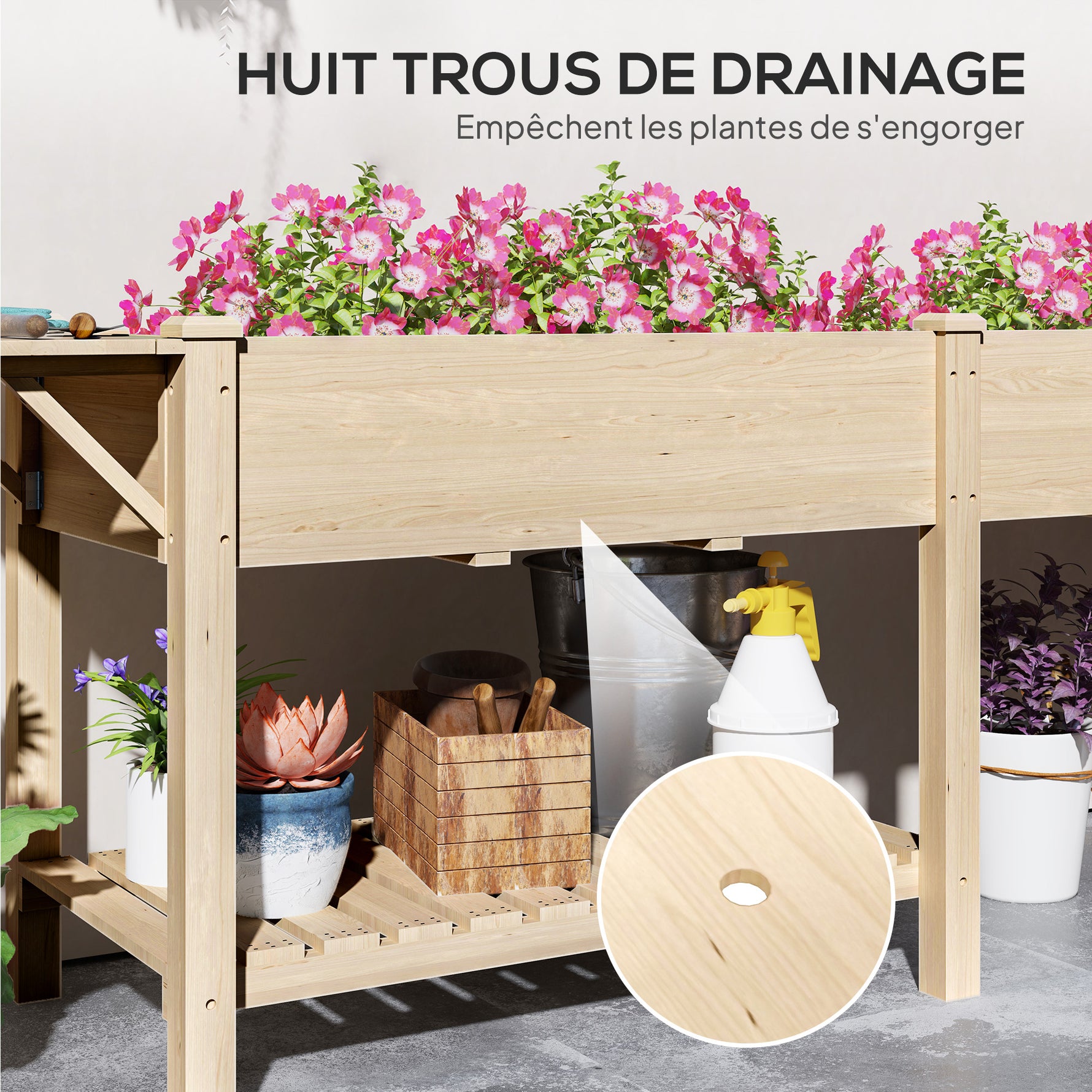 Jardinière sur pieds carré potager de jardin sur pieds 2 bacs tablette étagère inférieure 207 x 59 x 78 cm bois naturel