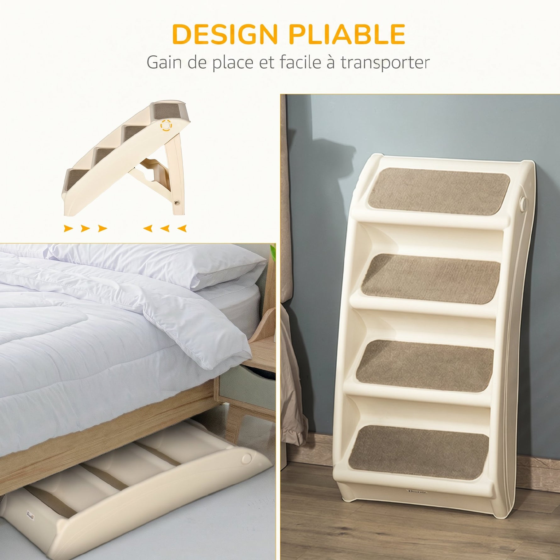 Escalier pour Chien Pliant à 4 Marches Antidérapantes, Escalier pour Animaux en Plastique, 62 x 38 x 49,5 cm, Beige