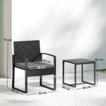 Salon de jardin extérieur en résine tressée 2 personnes, table de jardin avec 2 chaises, plateau en verre trempé, noir
