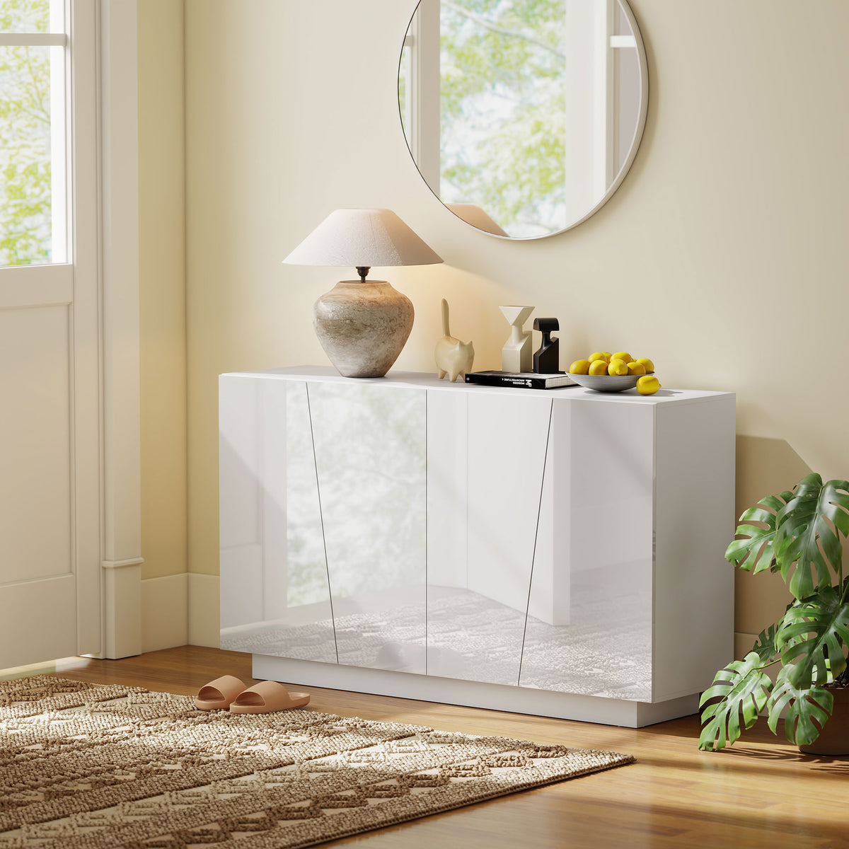 Meuble de rangement avec placards à portes et étagère réglable, 150 x 40 x 88 cm, blanc brillant