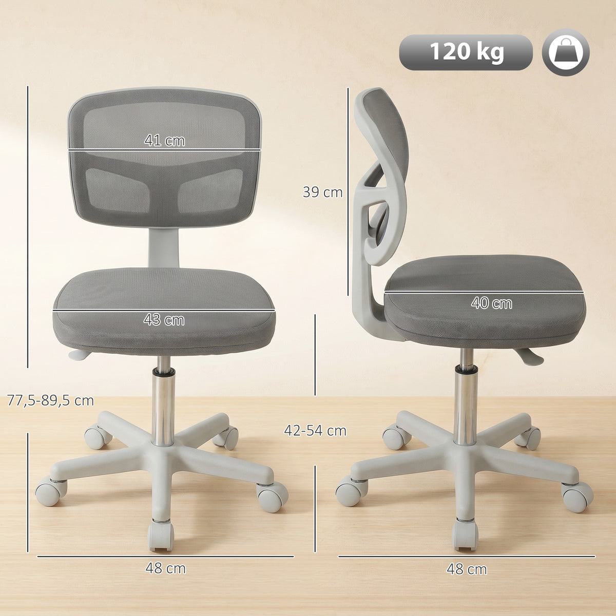 Chaise de Bureau Ergonomique Sans Accoudoirs, Fauteuil de Bureau Pivotant, Dossier Courbé en Maille et Roulettes, Gris