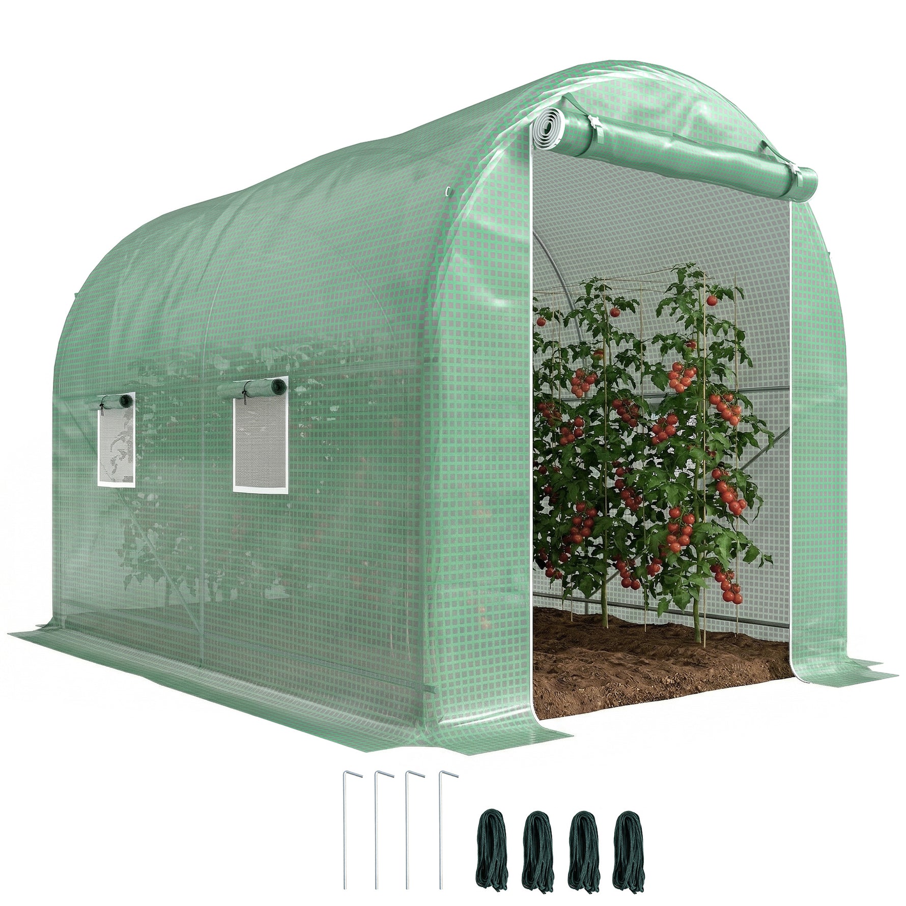 Serre de Jardin Tunnel Surface Sol 6 m² 3L x 2l x 2,10H m châssis Tubulaire renforcé Porte zippée 4 fenêtres enroulables cadre en métal Vert