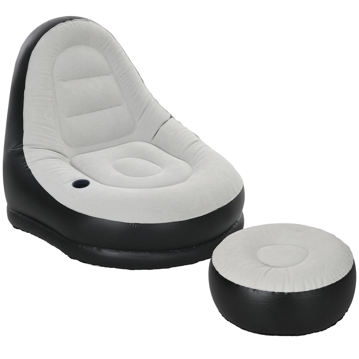 Canapé gonflable et repose-pieds, tissu aspect peluche doux et porte-gobelet, gris