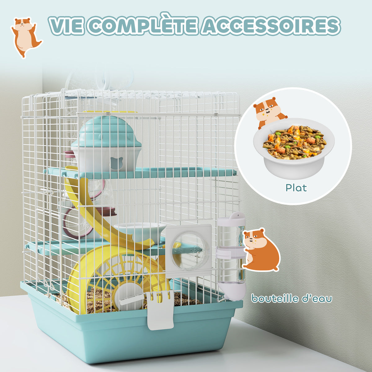 Cage hamster, cage rongeur à 3 niveaux, avec roue d'exercice, tunnel de jeu, gamelle, cabane, 34,5 x 27,5 x 41 cm, bleu