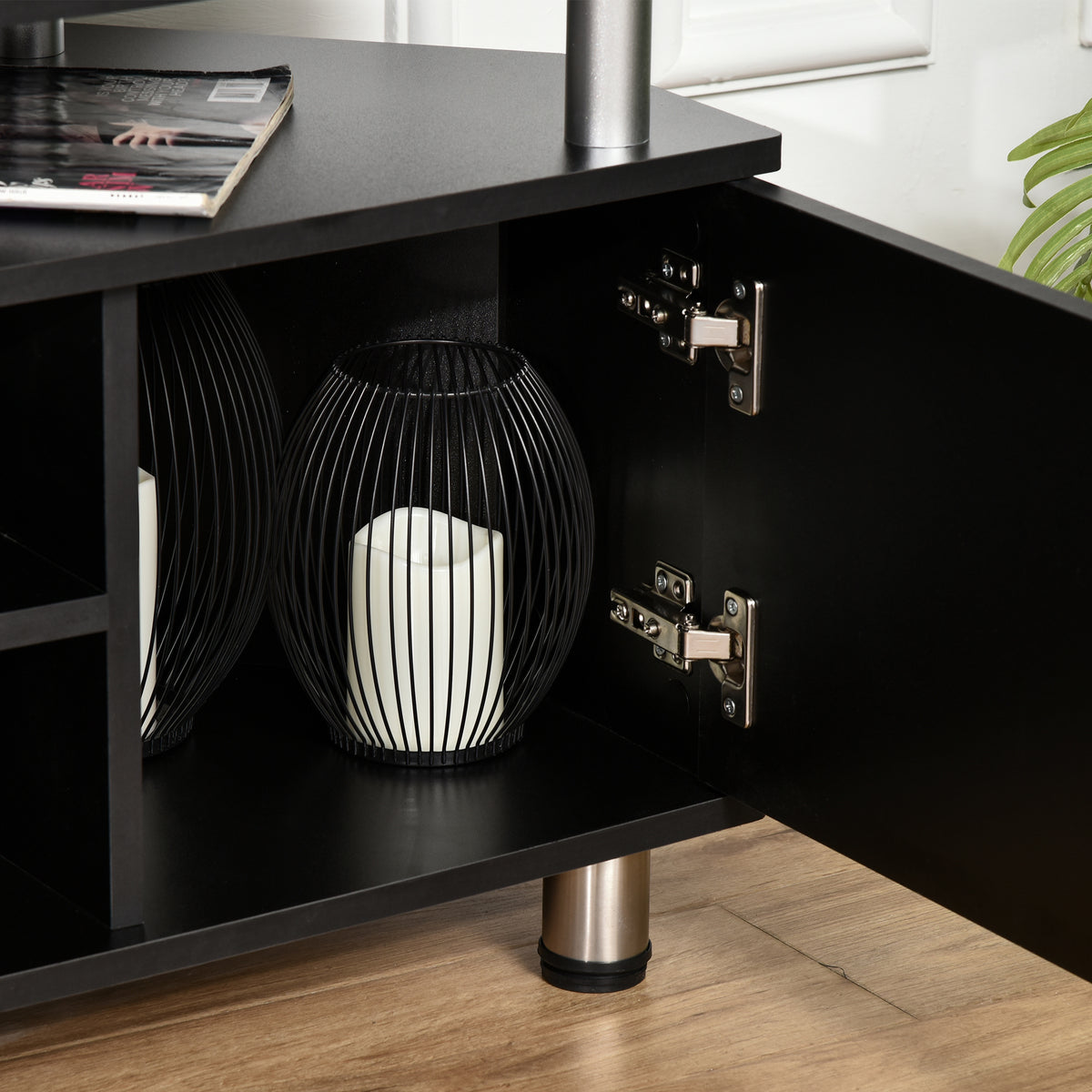 Meuble TV meuble télé bois banc TV pour téléviseur jusqu'à 55 pouces avec grand plateau, placards à portes et