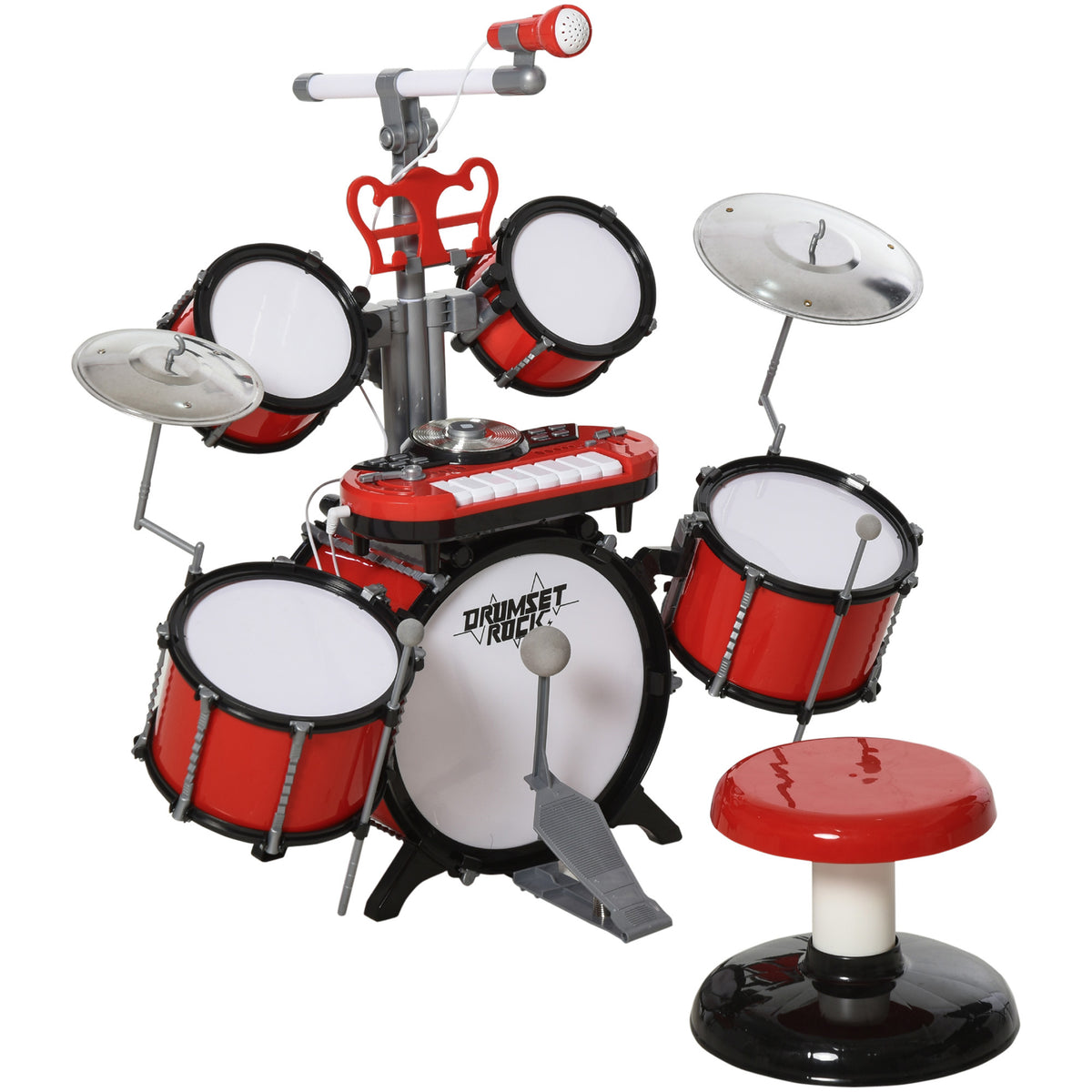 Kinderschlagzeug-Set mit Hocker, elektronischem Keyboard, Mikrofon, USB-Anschluss, 77,5x40x76,5 cm, Rot