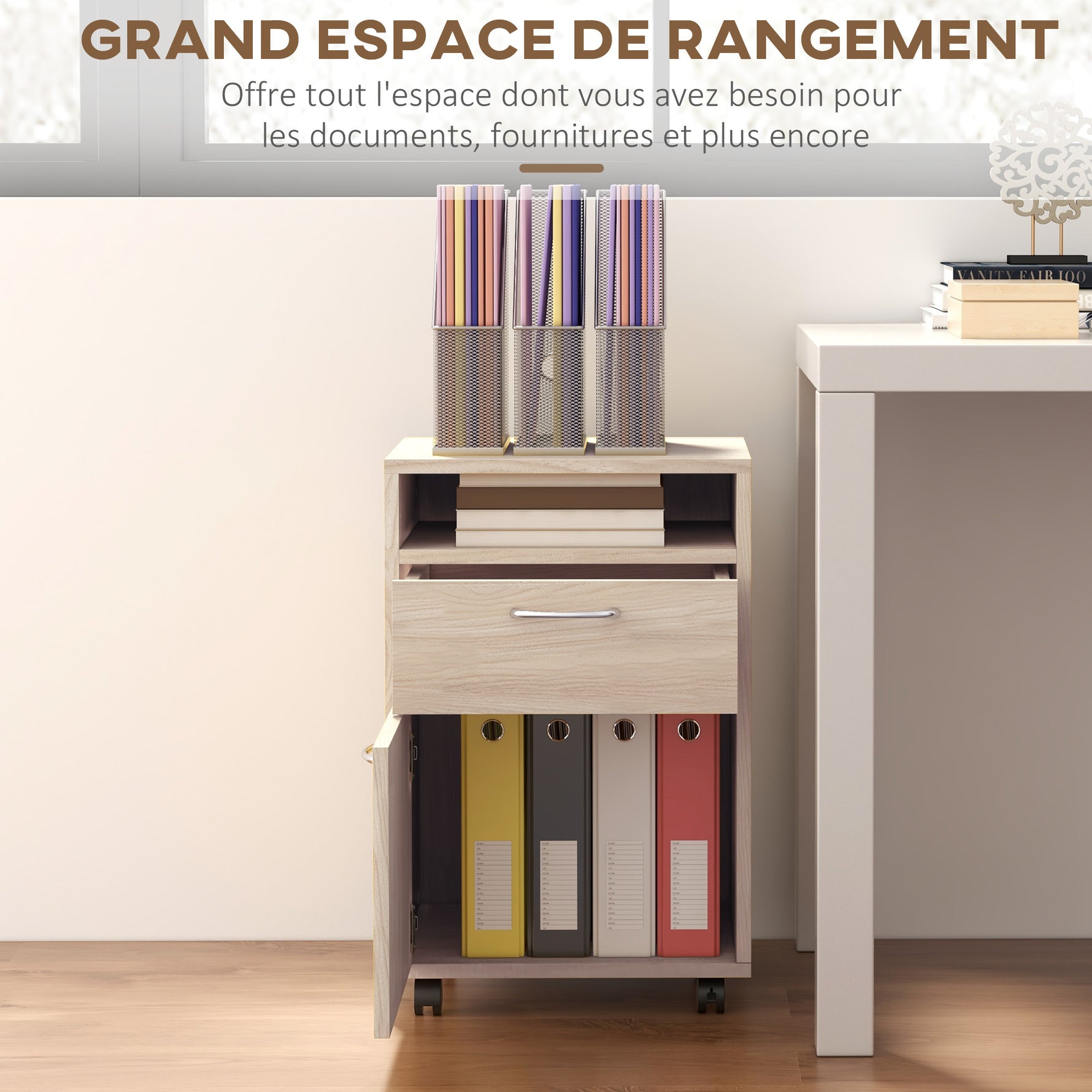 Caisson de bureau à roulettes avec tiroir placard et niche pour documents et dossier suspendu 40 x 35 x 60 cm chêne
