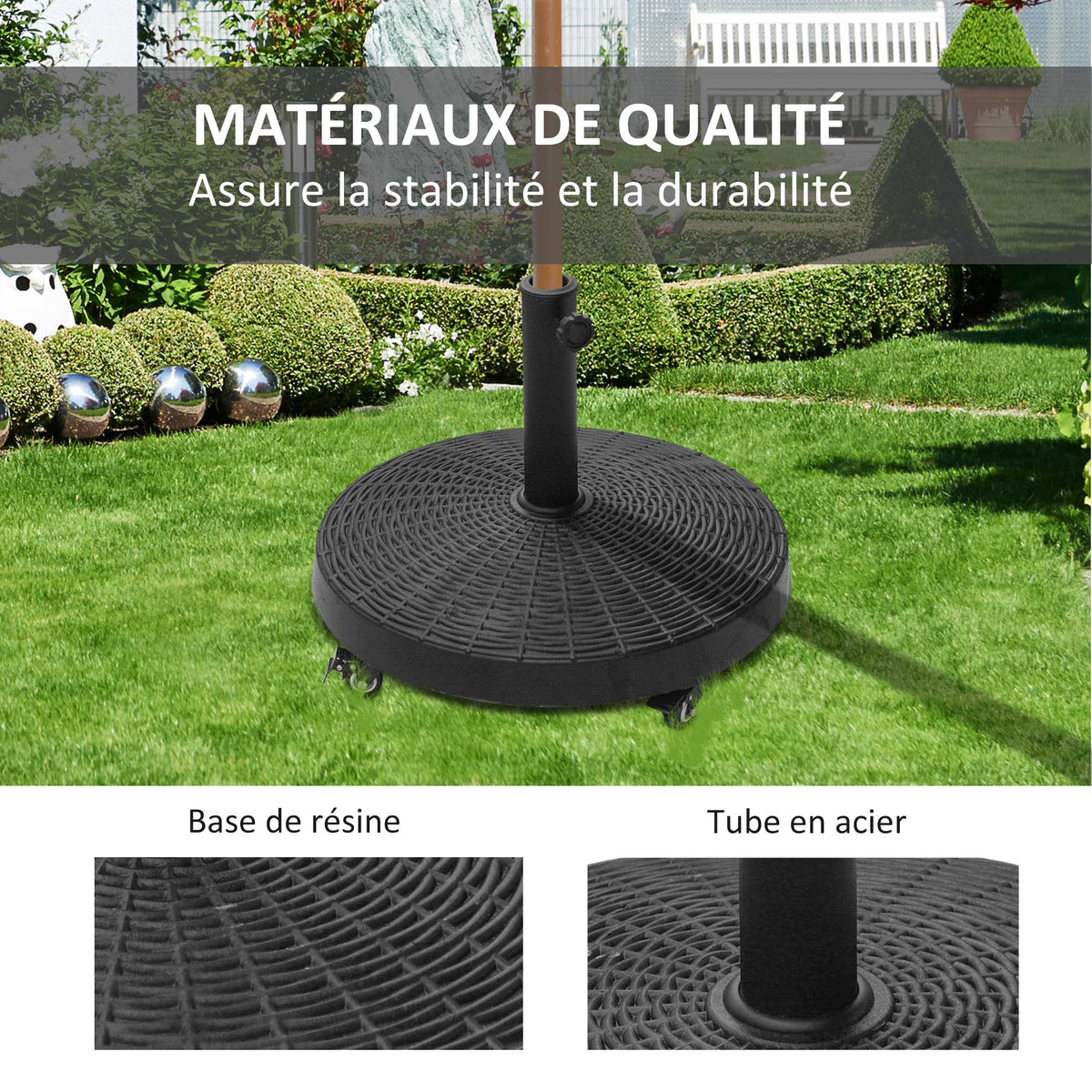 Base para sombrilla con peso neto de 22,7 kg en resina con 4 ruedas - dim. Φ52 x 41H cm - Negro