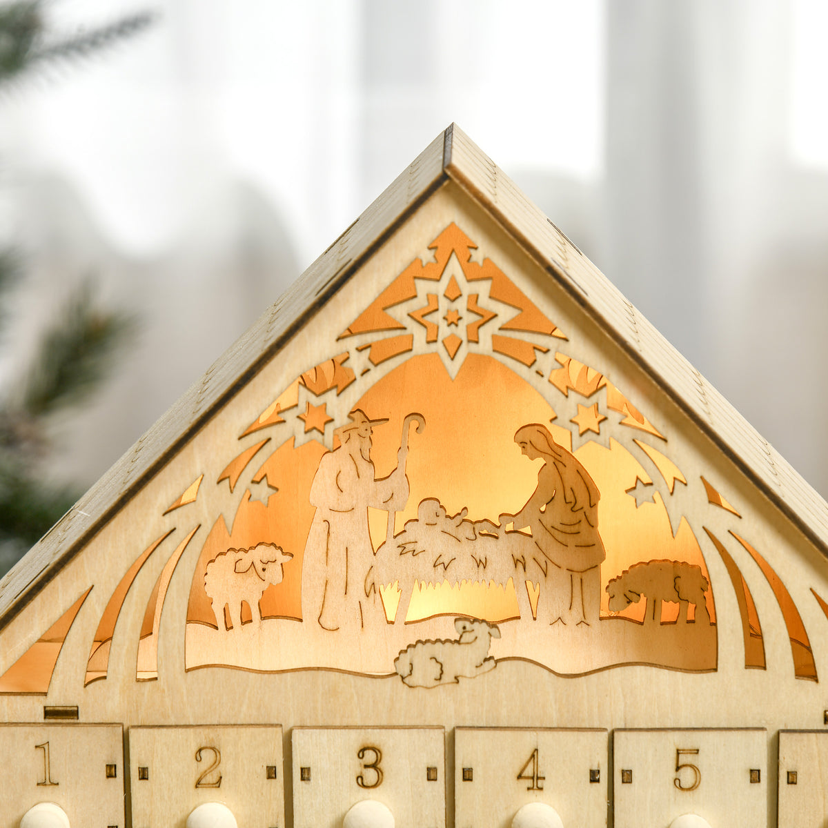 Calendario dell'Avvento in legno da riempire, decorazione natalizia con 24 cassetti e 5 luci LED, 26,6x6x30cm, legno naturale