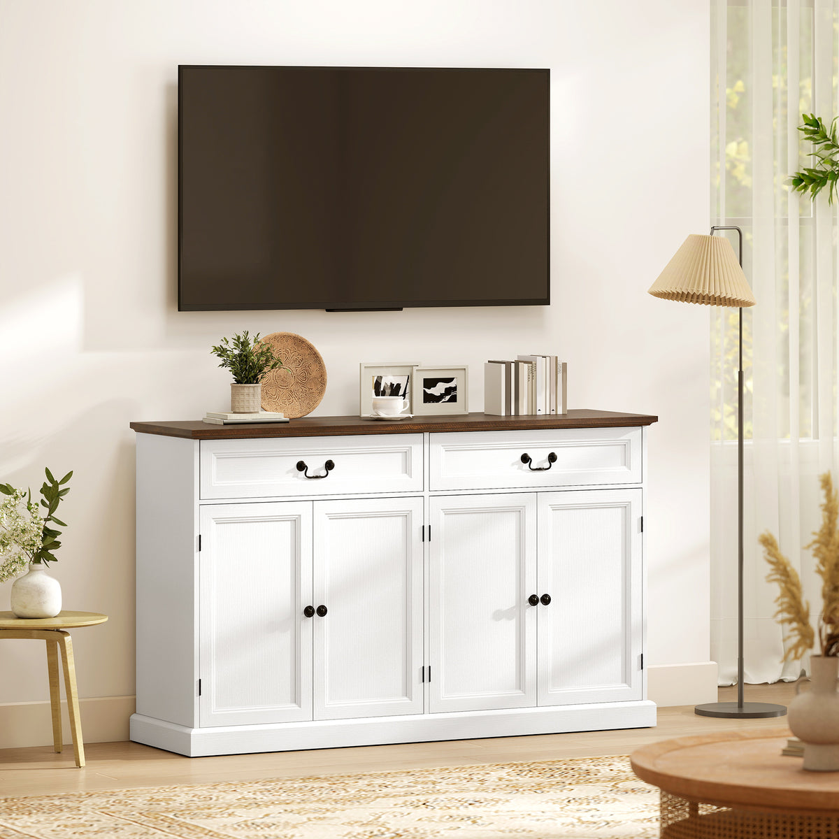 Buffet salon, meuble de rangement avec 4 portes, 2 tiroirs silencieux, étagères réglables, 140x40x85cm, blanc et marron