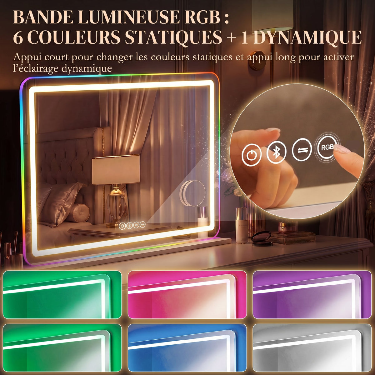 Miroir maquillage lumineux 80x60cm, miroir coiffeuse LED dimmable, lumière RGB, 3 températures de couleur, blanc