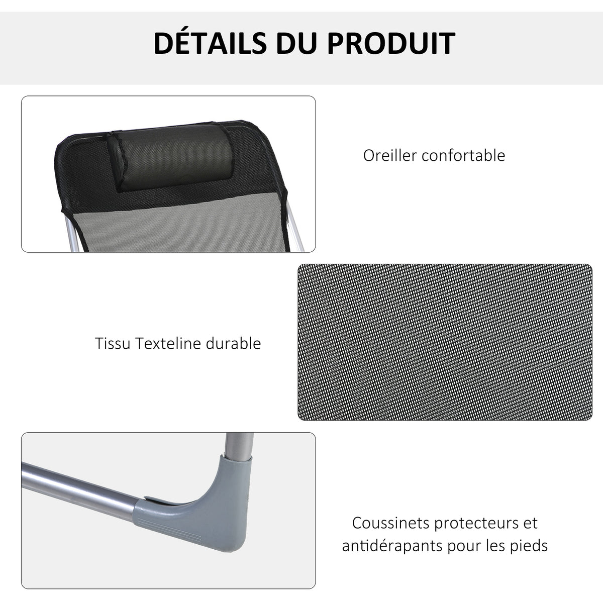 Bain de soleil transat chaise longue inclinable pliable avec oreiller dossier réglable sur 5 niveaux noir