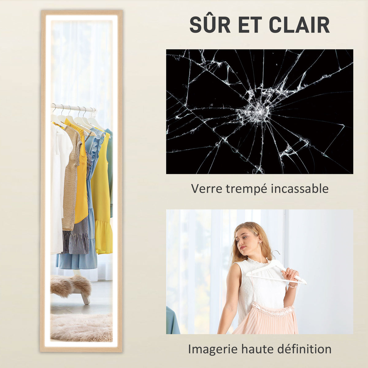 Grand miroir pleine longueur, miroir mural ou sur pied rectangulaire, 40 x 160 cm avec éclairage LED 3 couleurs, chêne