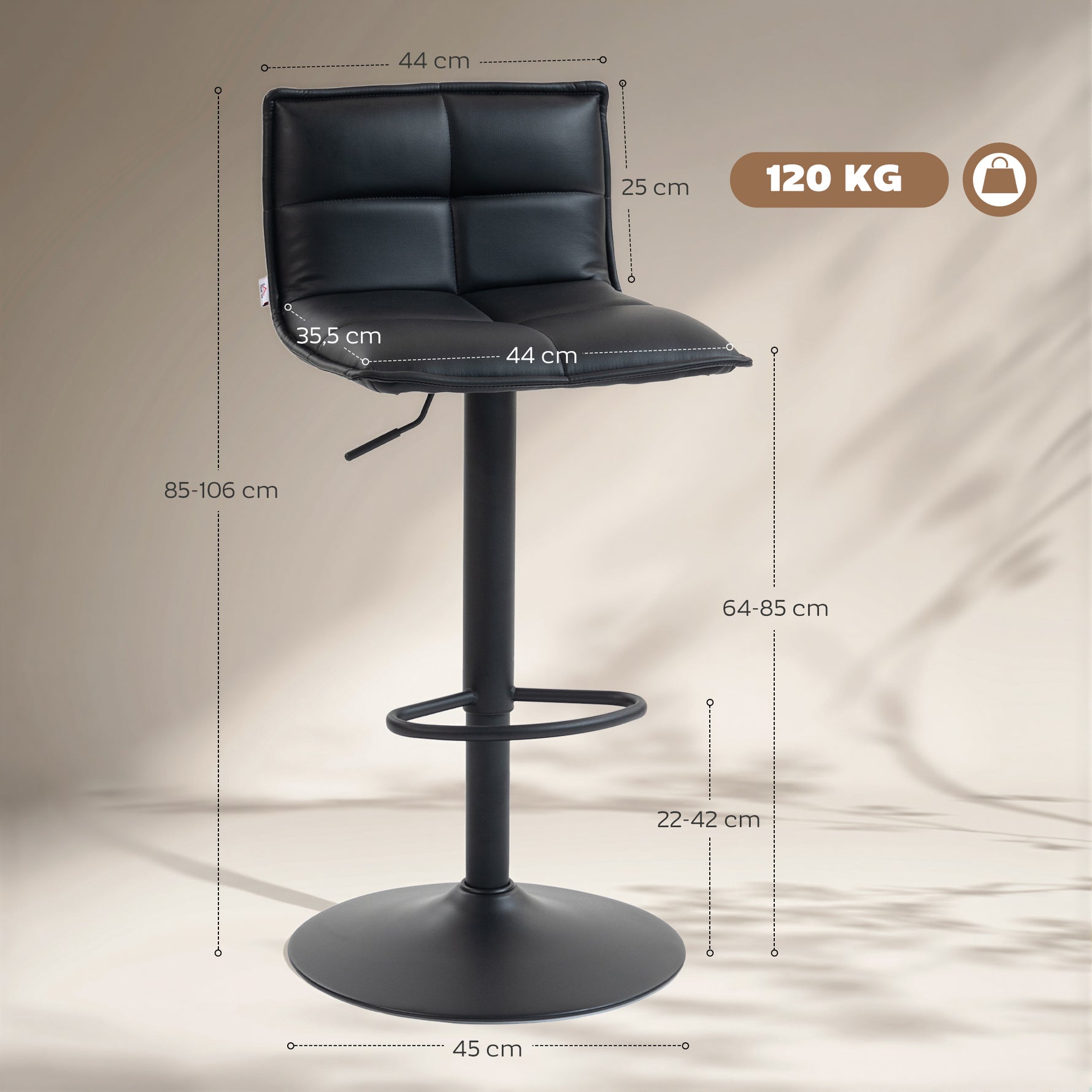 Lot de 2 tabourets de bar, chaises de bar réglable en hauteur avec assise pivotant en PU 44 x 45 x 85-106 cm noir
