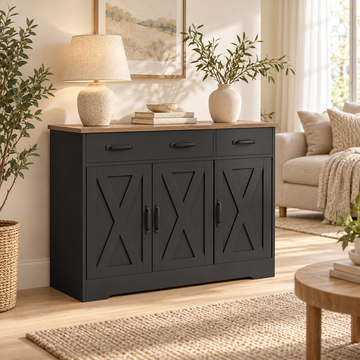 Aparador de cocina, mueble de almacenamiento con 3 puertas de granero, 2 cajones y estantes ajustables, 108 x 40 x 81 cm, negro