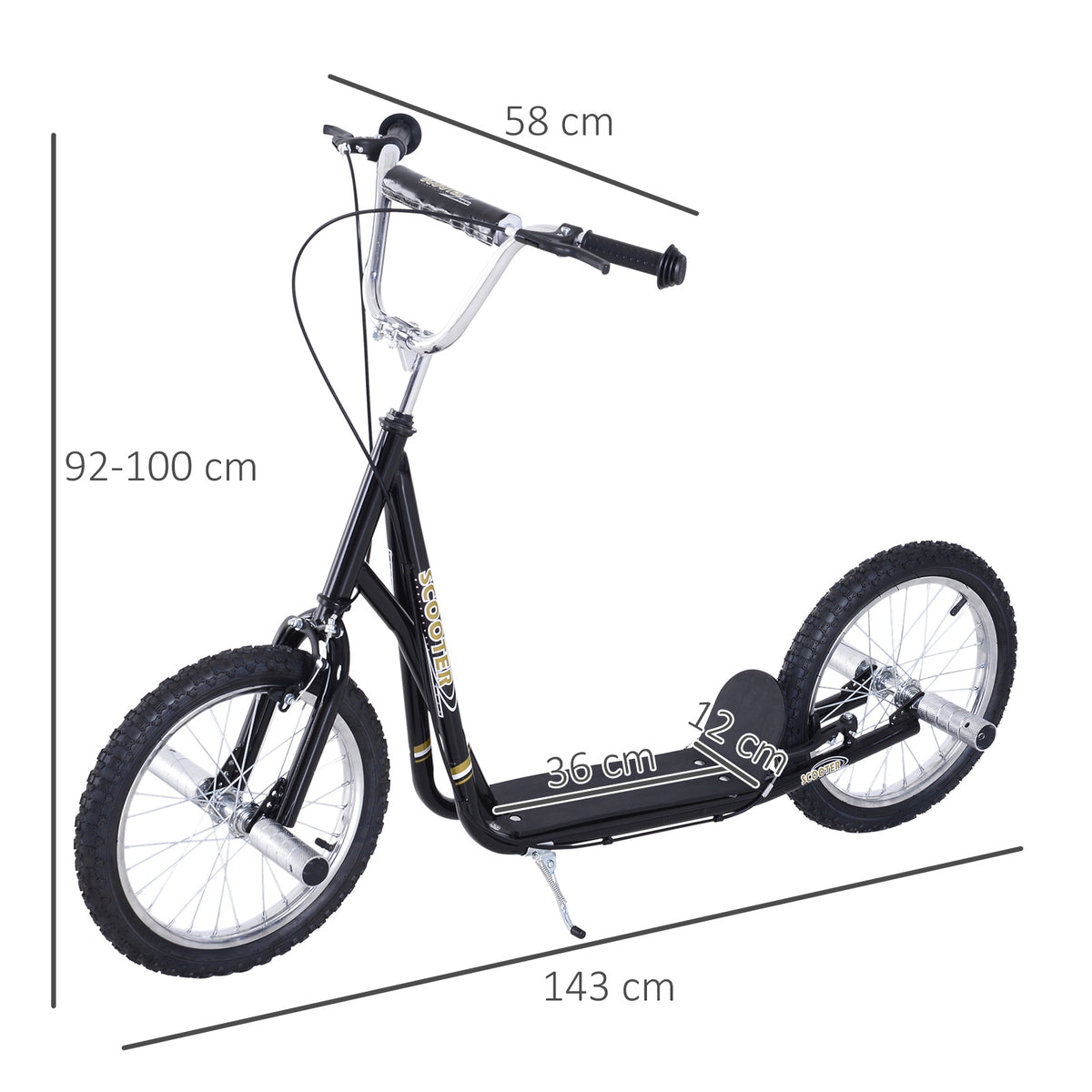 Trottinette patinette Grandes Roues pneumatiques Ø 41 cm Hauteur Guidon réglable béquille pegs Inclus Acier Noir