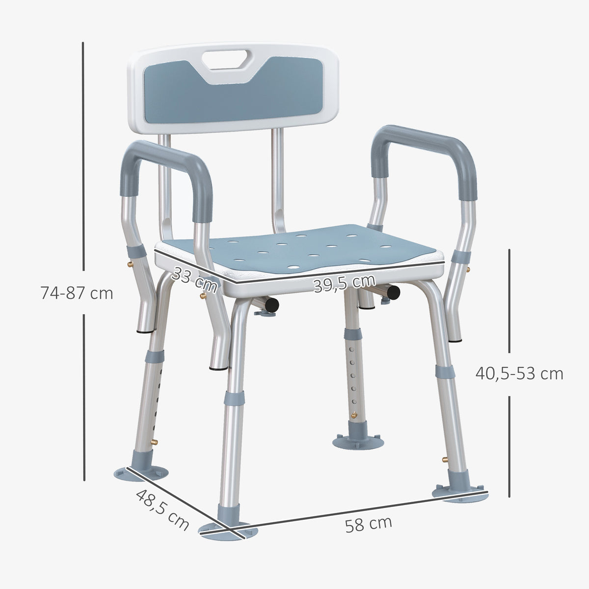 Taburete de ducha silla de ducha ergonómica altura ajustable patas antideslizantes 56,5 x 53,5 x 87 cm blanco y azul