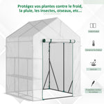 Serre de jardin PE avec étagères 2 niveaux, serre de balcon, bâche renforcée 140 g/m², châssis en acier, porte zippée enroulable, pour légumes plantes fleurs, 143x143x195cm, blanc