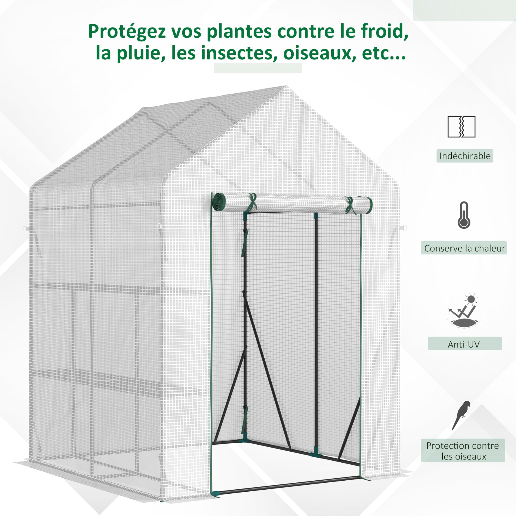 Serre de jardin PE avec étagères 2 niveaux, serre de balcon, bâche renforcée 140 g/m², châssis en acier, porte zippée enroulable, pour légumes plantes fleurs, 143x143x195cm, blanc
