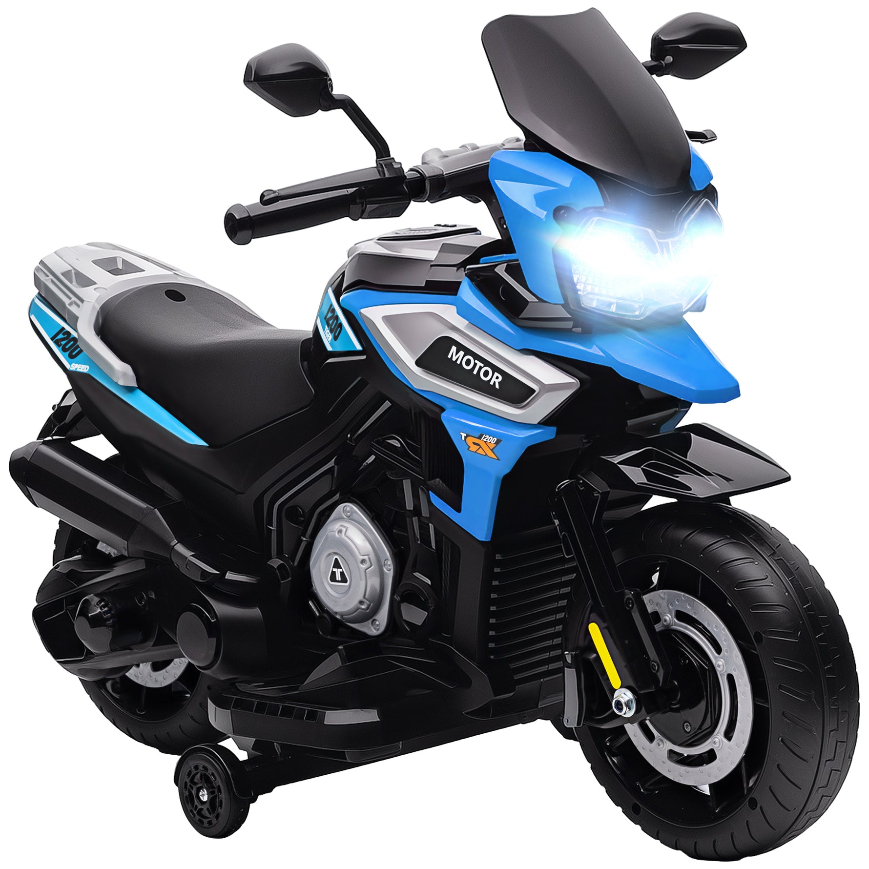 Moto électrique enfants 6 V, voiture électrique enfants avec roues d'entraînement, musique, effets lumineux, bleu