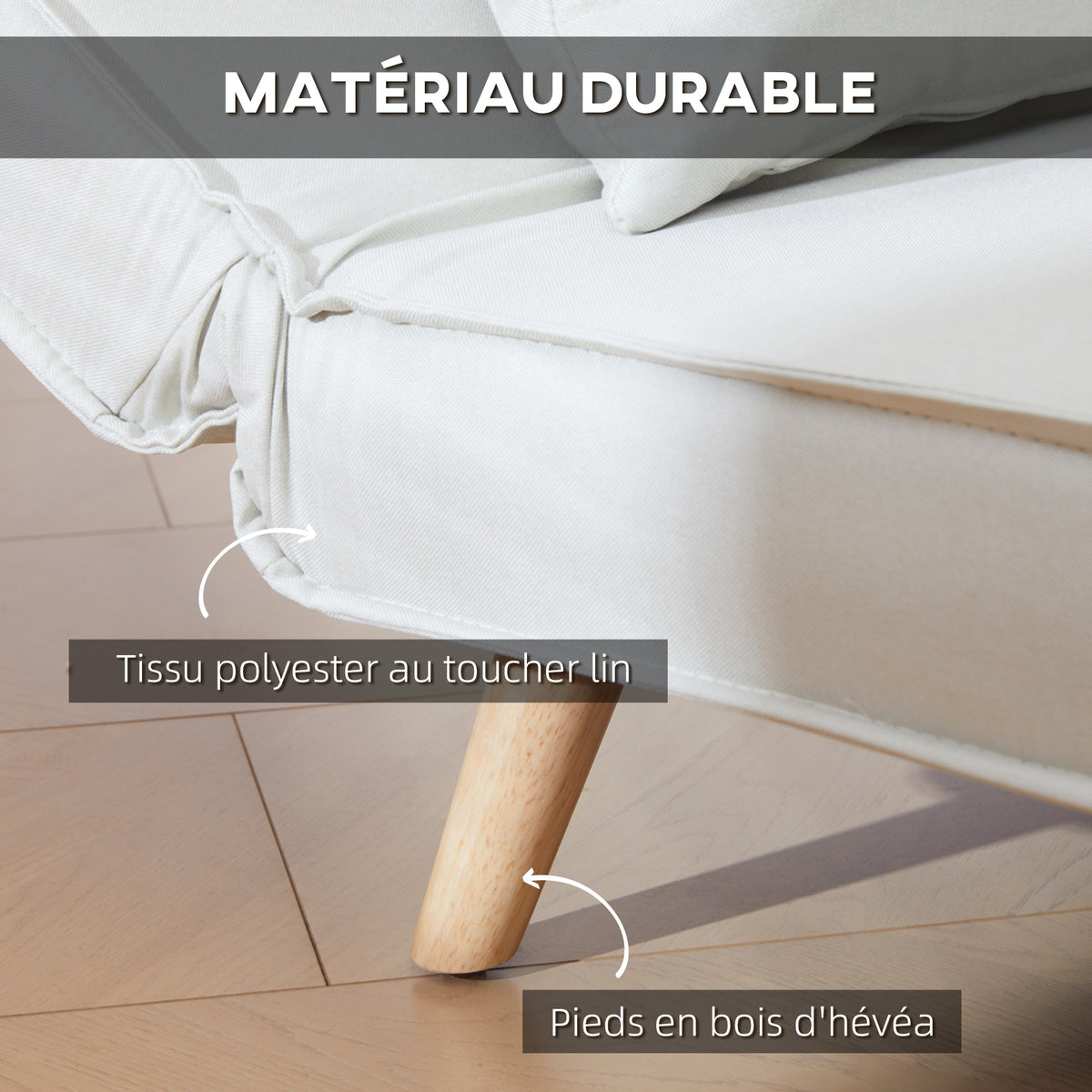 Canapé-lit 1 place avec dossier réglable, coussin inclus et pieds pliables charge 120 kg blanc