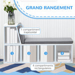 Bibliothèque banc 2 en 1 avec 5 compartiments de rangement et 2 coussins 108 x 30 x 60 cm blanc gris