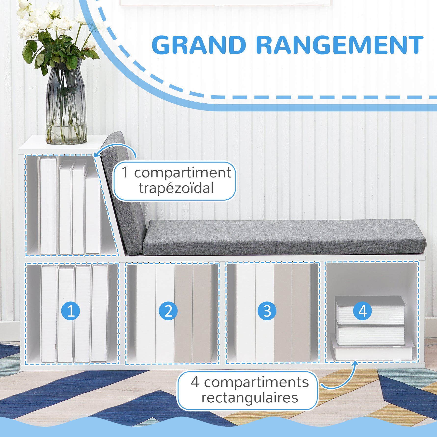 Bibliothèque banc 2 en 1 avec 5 compartiments de rangement et 2 coussins 108 x 30 x 60 cm blanc gris