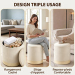 Opbergpoef, ronde hocker van chenille, voetenbankje met metalen onderstel in houtlook, beige