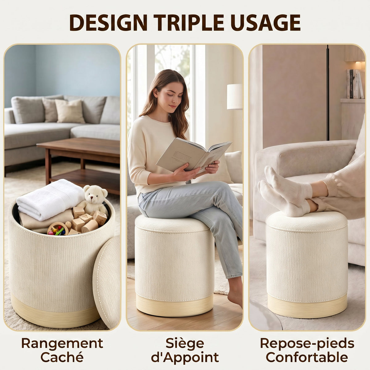Opbergpoef, ronde hocker van chenille, voetenbankje met metalen onderstel in houtlook, beige