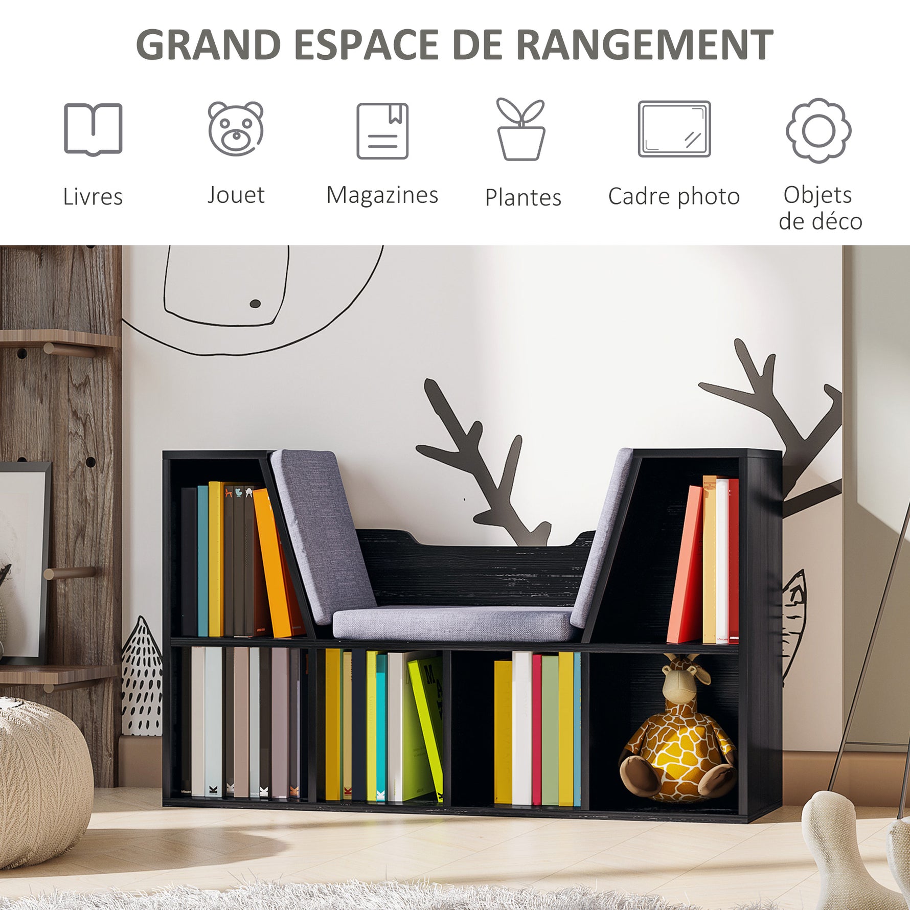 Bibliothèque banc 2 en 1 avec coussins de siège, étagère cube 6 compartiments ouverts et 2 niveaux, meuble de rangement pour salon, chambre à coucher, bureau, 102 x 30 x 61 cm, noir