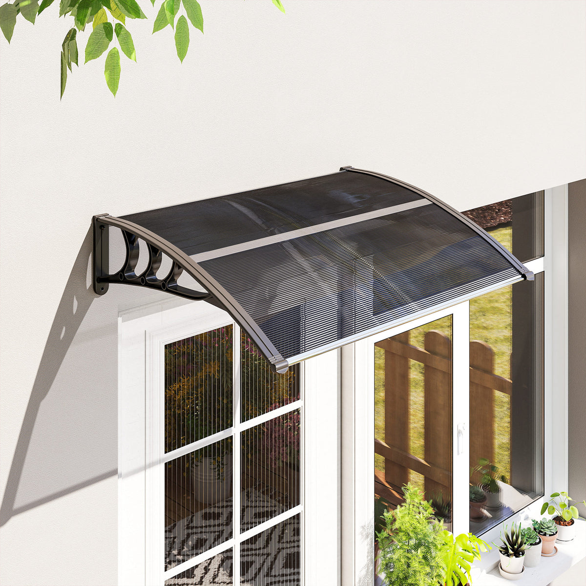 Auvent de porte d'entrée, toit marquise de porte exterieur en polycarbonate et aluminium résistante 100 x 75 cm noir