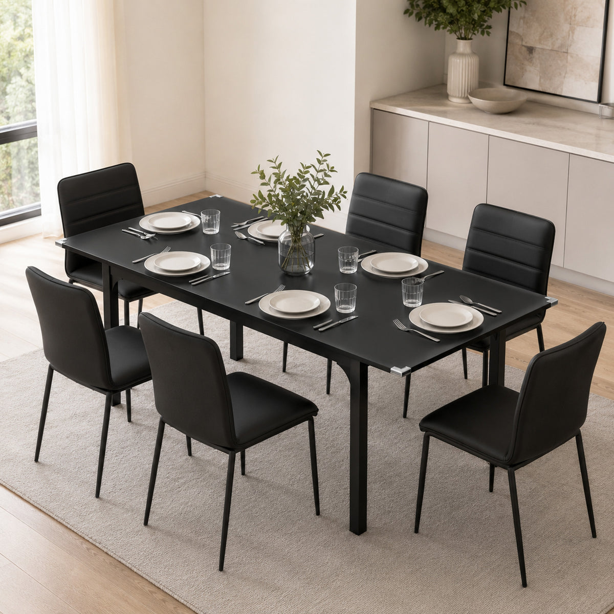 Table à manger extensible de 4 à 6 personnes, pieds en acier, pour petits espaces, salle à manger, noir