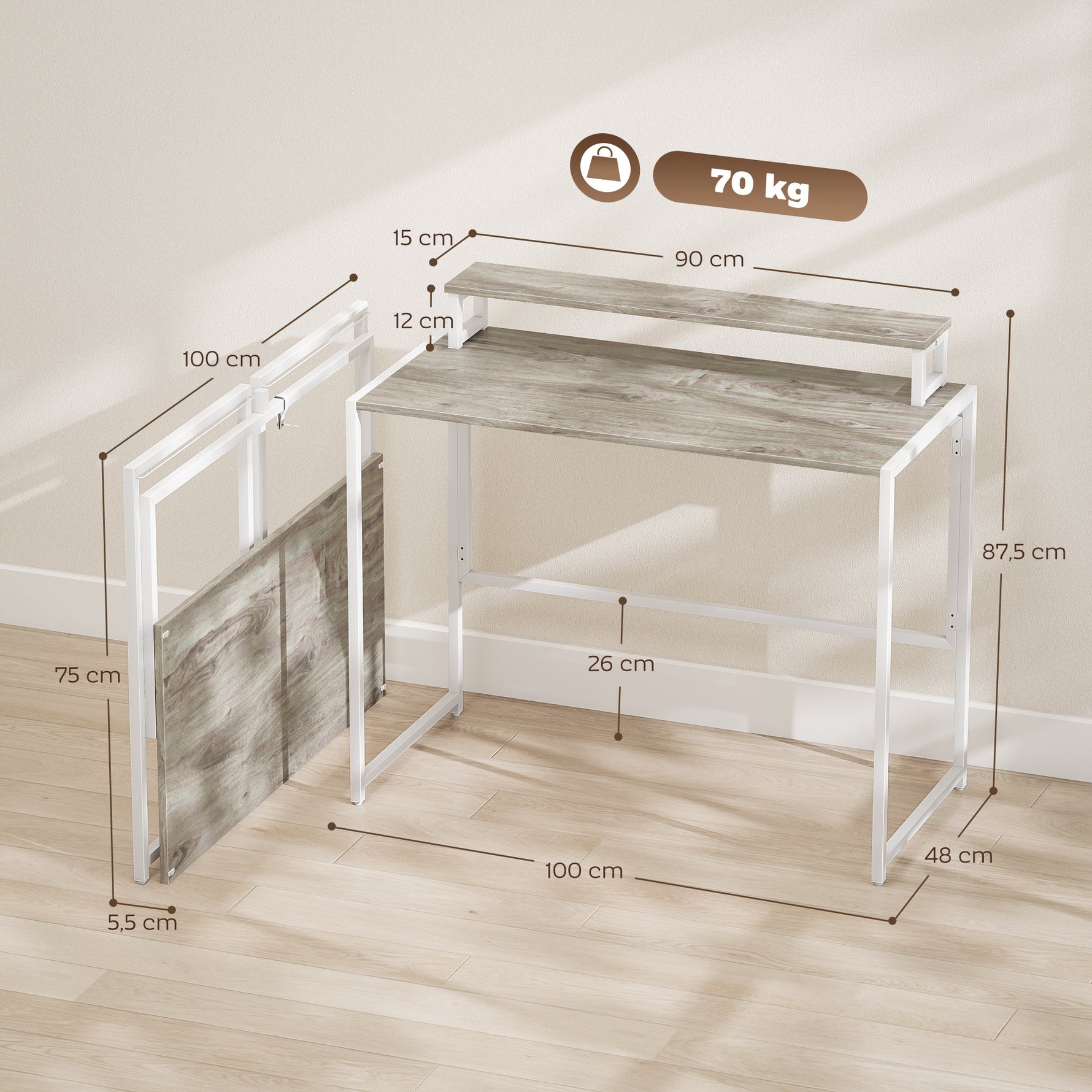 Bureau d'ordinateur pliable avec support d'écran, pour chambre, petits espaces, 100 x 48 x 87,5 cm, bois naturel
