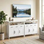 Buffet cuisine, meuble de rangement, 3 portes, 3 tiroirs, compartiment ouvert et étagères réglables, 95x35x88cm, blanc