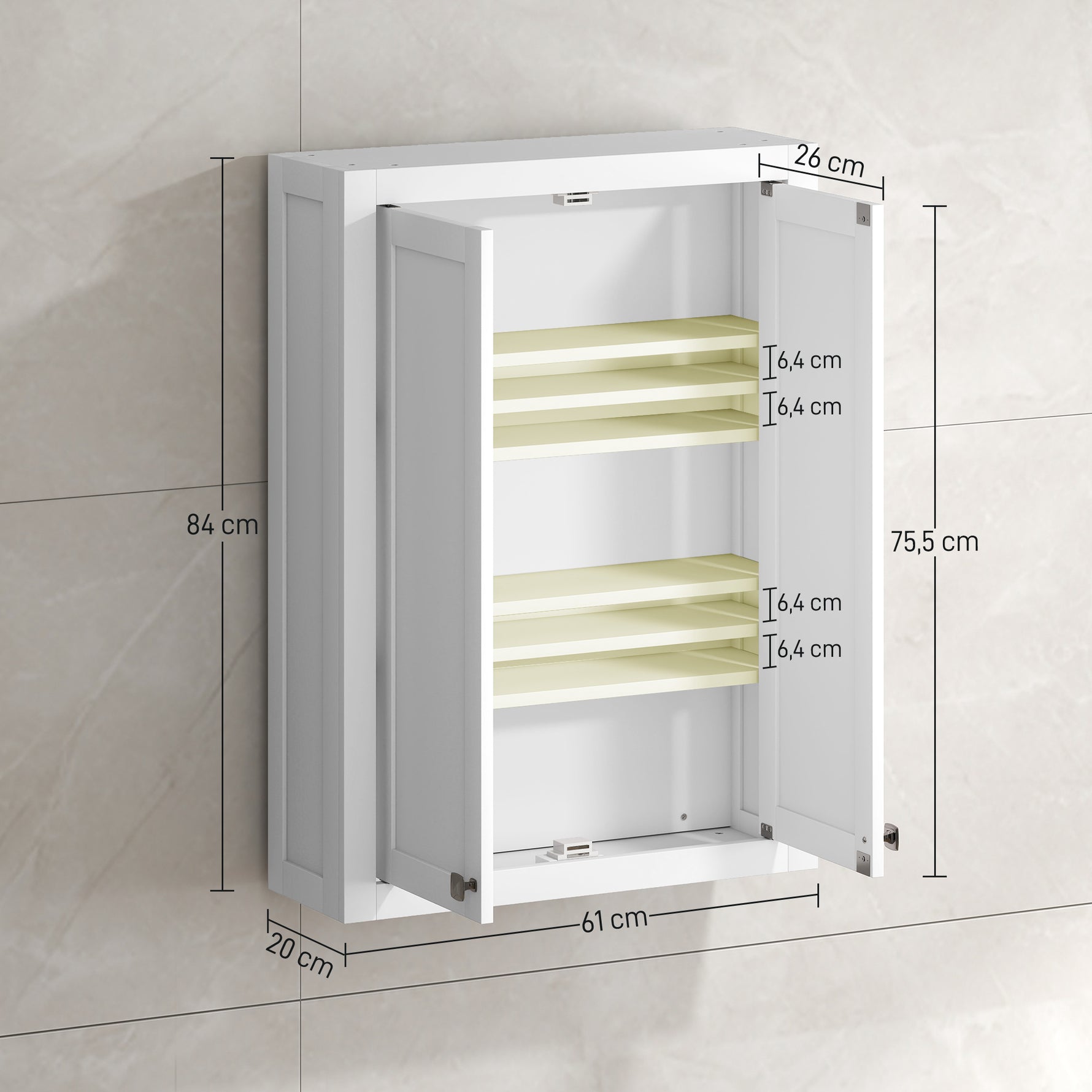 Armoire murale de salle de bain 3 niveaux, meuble de rangement suspendu  2 portes étagère réglable 61 x 20 x 84 cm blanc