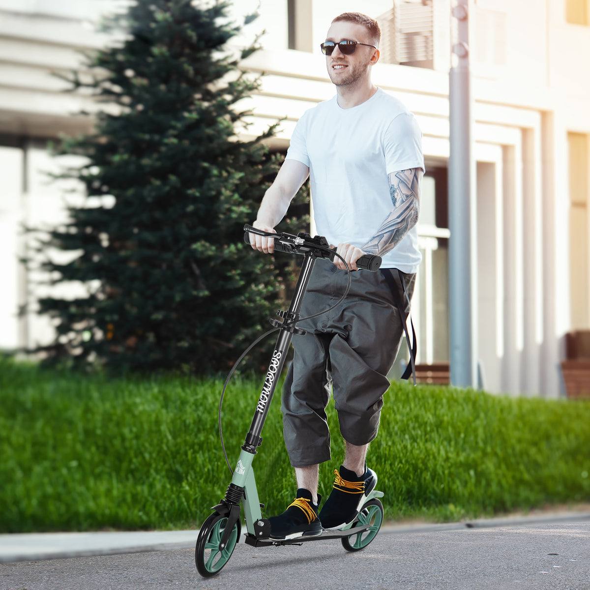 Trottinette pliable pour adultes +14 ans avec guidon réglable grandes roues de 20 cm amortisseur vert