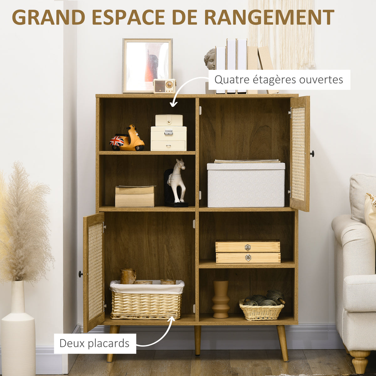 Buffet meuble de rangement armoire haut aspect bois et cannage design 2 portes - dim. 90L x 32,5l x 120H cm