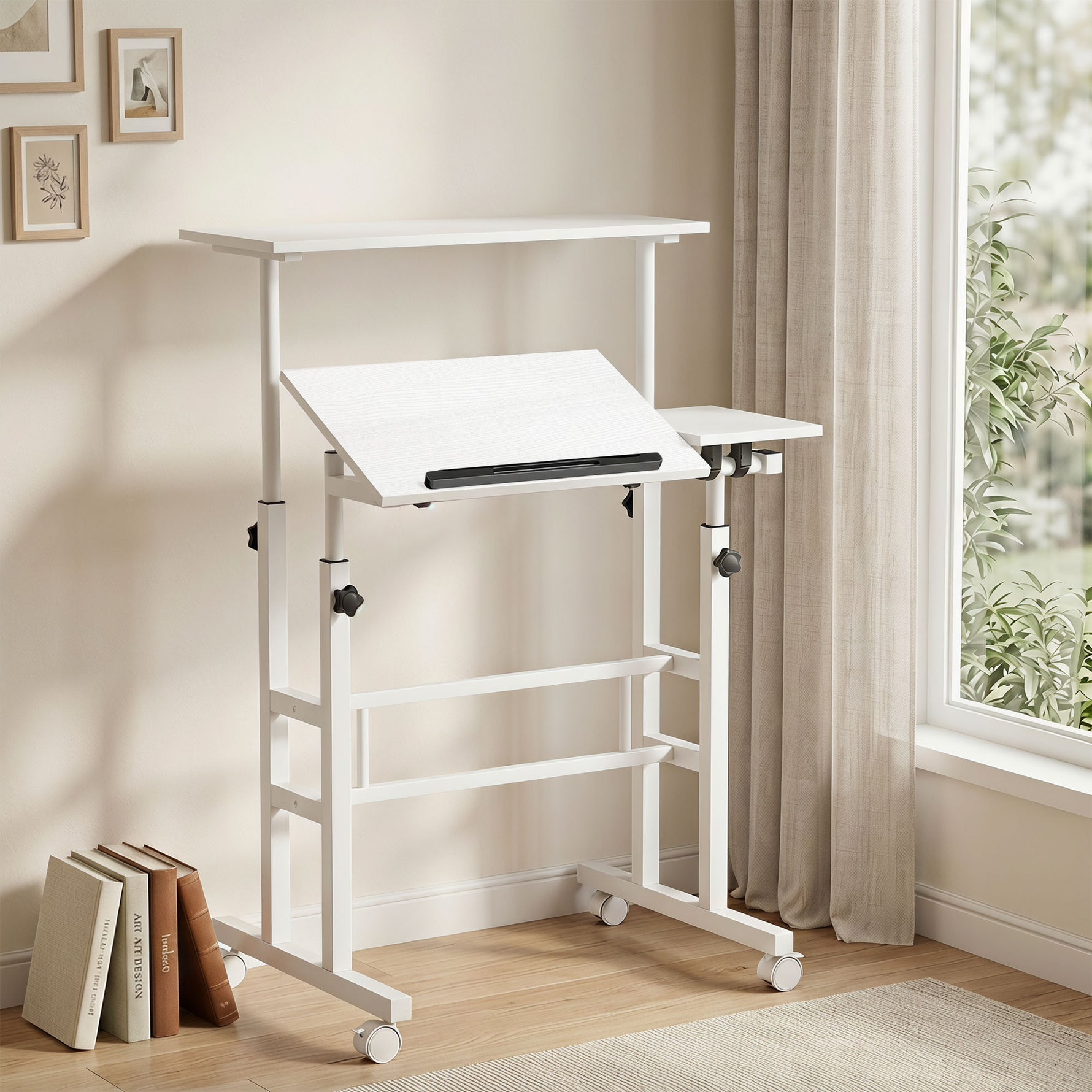 Bureau Assis-Debout, Bureau Réglable en Hauteur 70 x 60 cm, à Roulettes avec Plateau Inclinable, 70x60x70,5-120cm, Blanc