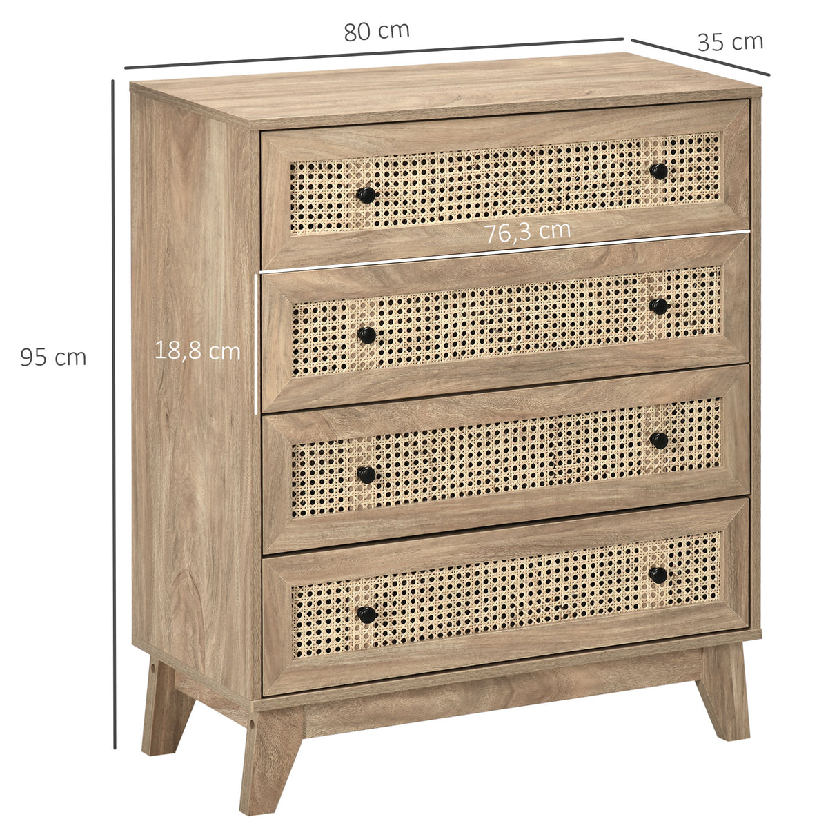 Commode 4 tiroirs meuble de rangement cannage en rotin aspect bois clair 80 x 35 x 95 cm