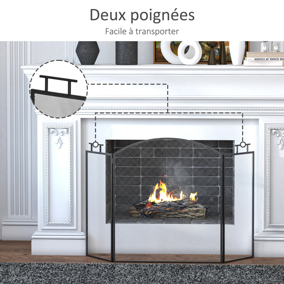 Pare-feu pour cheminée ou poêle - Pare-étincelles 3 Volets Pliables - dim. 110l x 24P x 76,5H cm - Acier métal Noir-5