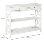 Table de console table d'entrée style table de drapier néo-rétro 2 tiroirs 2 étagères dim. 100L x 30,5l x 80H cm en bois blanc