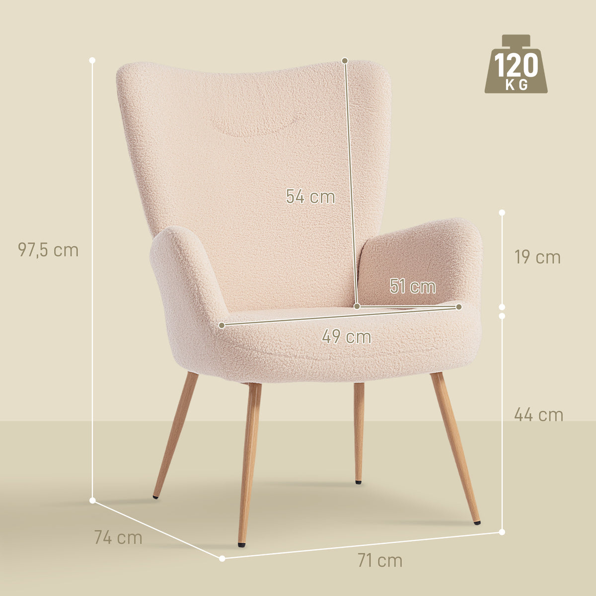 Fauteuil salon, fauteuil d'appoint rembourré en tissu bouclette avec haut dossier et accoudoirs, 71x74x97,5cm, beige