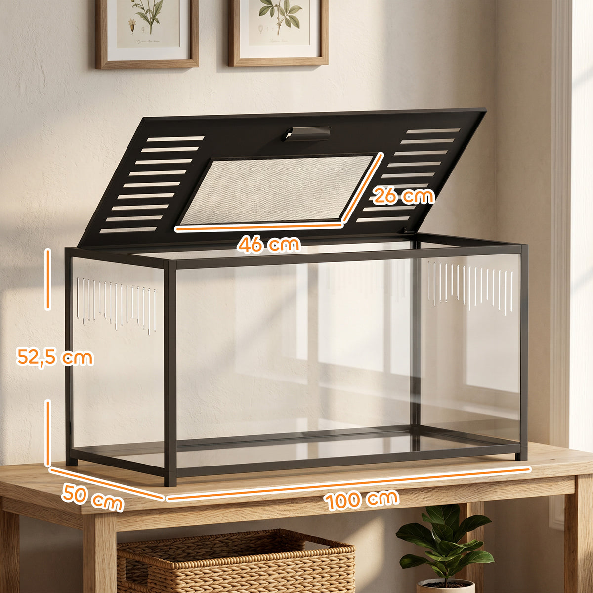 Cage Hamster Habitat Rongeur Vue Panoramique 360° Structure Robuste en Métal Espace Étanche Profond 100x50x52,5 cm Noir