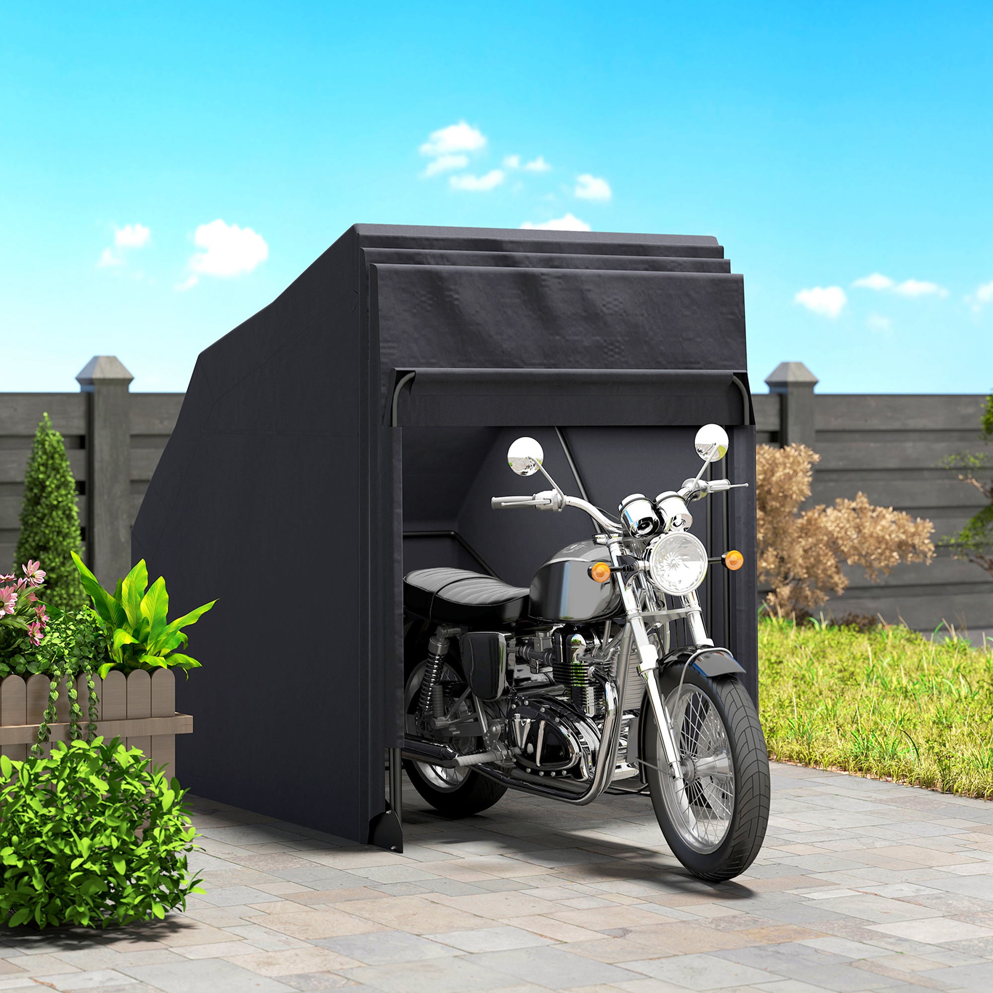 Abri de moto extérieur tente à moto housse de protection en tissu Oxford, 2 fenêtres, 345 x 135 x 191 cm, noir