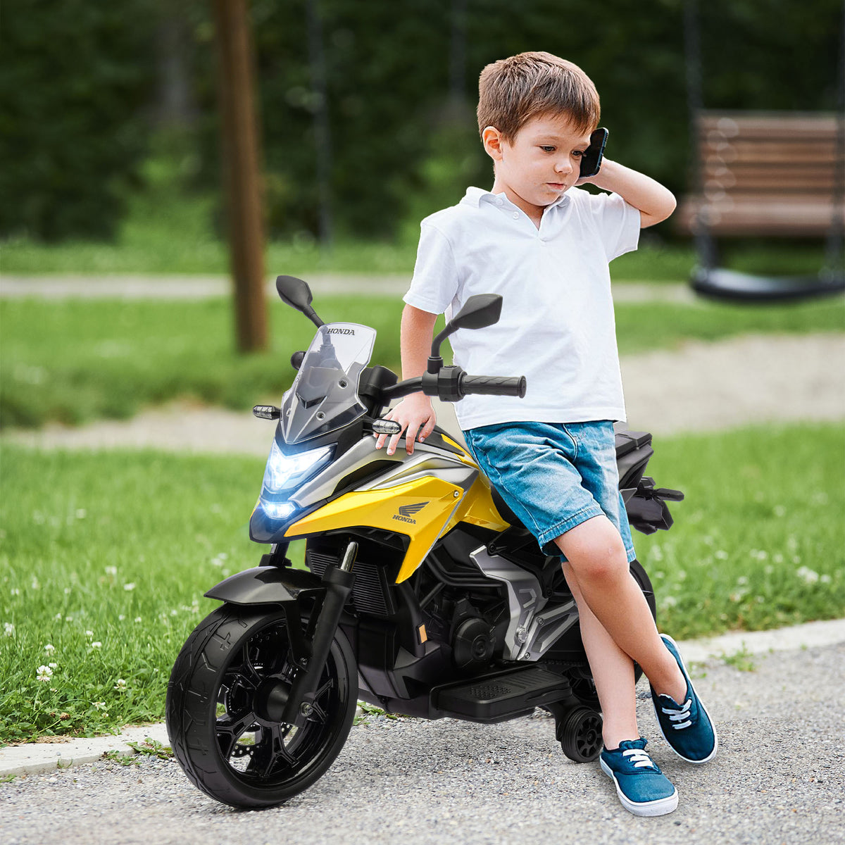 Moto électrique pour enfants moto porteur Honda pour enfants 3 à 6 ans avec musique, phares jaune