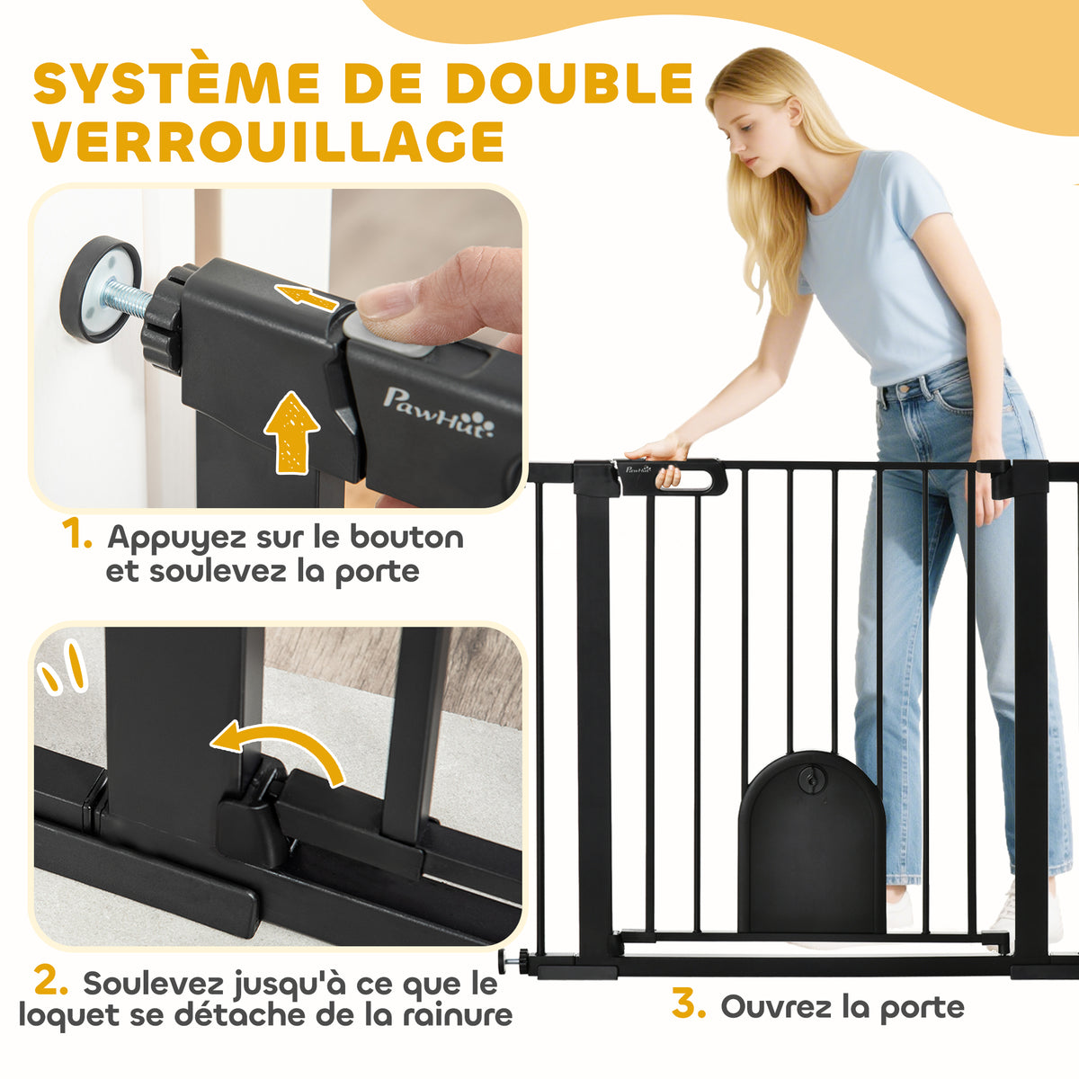 Cancelletto di sicurezza per animali con porta a chiusura automatica e sistema di doppia chiusura, acciaio nero