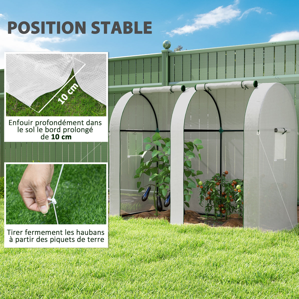 Serre de jardin 1,8 m² serre à tomates 2 portes zippées déroulantes 4 fenêtres enroulables acier PE 135 g/m² blanc